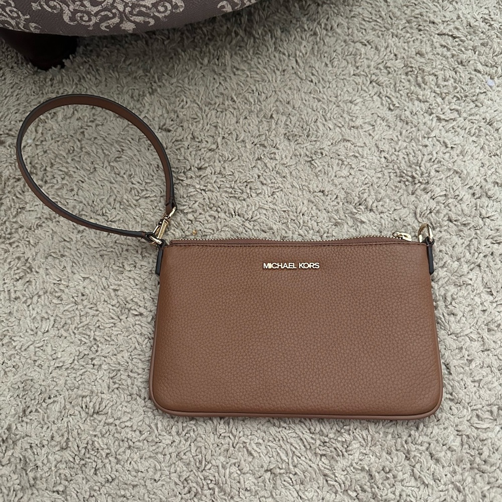 Michael Kors Brown Pebbled Leather Wristlet Clutch with Gold Hardware